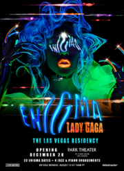 A colorful neon-lit image of Gaga's face with the residency name embossed on top.
