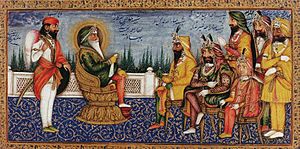 Maharaja Ranjit Singh in Darbar with sons and officials. Signed by Imam Bakhsh