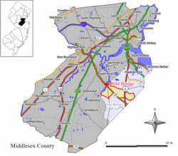 Map of Old Bridge CDP in Middlesex County. Inset: Location of Middlesex County in New Jersey.