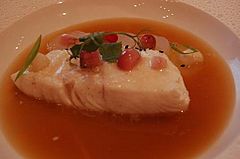 Poached halibut in a sesame court bouillon