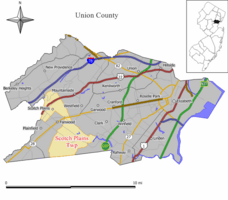 Map of Scotch Plains Township in Union County. Inset: Location of Union County highlighted in the State of New Jersey.
