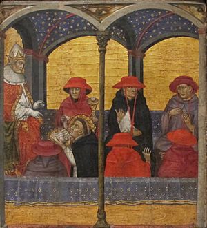 Taddeo di bartolo, s. tommaso d'aquino presenta la sua liturgia del corpus christi a urbano IV, 1403 ca. (cropped)