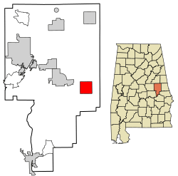 Location of Camp Hill in Tallapoosa County, Alabama.