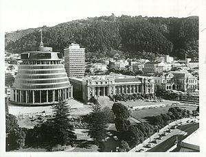 Wellington City - Parliament Buildings Publicity Caption Parliament Buildings and Environs Photographer S. Raynes