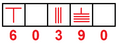 Five illustrated boxes from left to right contain a T-shape, an empty box, three vertical bars, three lower horizontal bars with an inverted wide T-shape above, and another empty box. Numerals underneath left to right are six, zero, three, nine, and zero