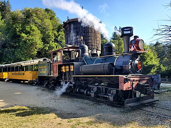 Dixiana at Roaring Camp water tower, June 2023.jpg
