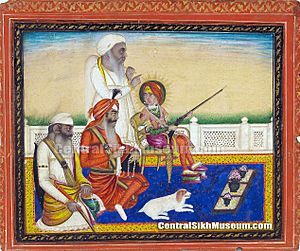 Maharaja Duleep Singh in durbar on a terrace with Labh Singh and Tej Singh and an attendant Lahore, circa 1850
