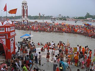 Malviya dwipa island across Har ki Pauri during Kavad mela, Haridwar