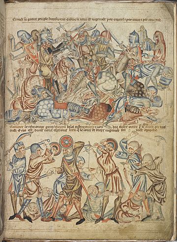 Peers and commoners fighting - The Holkham Bible Picture Book (c.1320-1330), f.40 - BL Add MS 47682