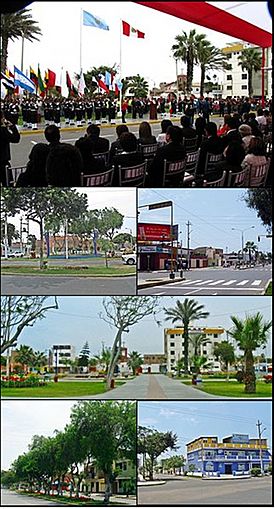 From top and left to right: Civic Ceremony in the Main Square of Vista Alegre, Manuel Seoane avenue, View of Vista Alegre from Larco Avenue, Vista Alegre Hospital, Huaman avenue, Tercer Milenio High School