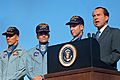 President Richard Nixon speaks before awarding the Apollo 13 astronauts the Presidential Medal of Freedom