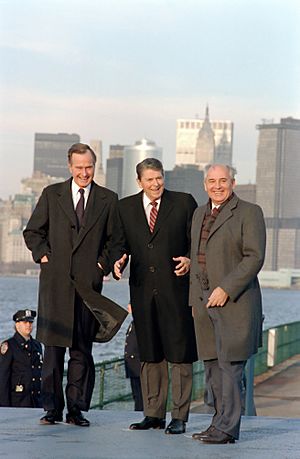 President Ronald Reagan and Vice President George H. W. Bush meet with Soviet General Secretary Mikhail Gorbachev on Governor's Island New York