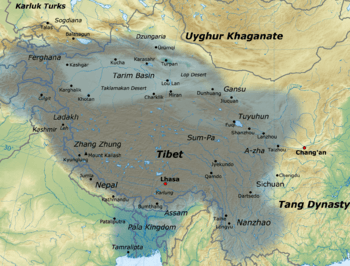 Map of the Tibetan empire at its greatest extent between the 780s and the 790s