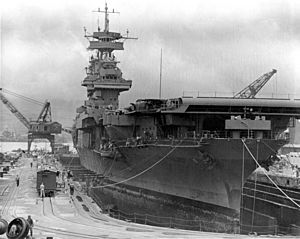 USS Yorktown (CV-5) in a dry dock at the Pearl Harbor Naval Shipyard, 29 May 1942 (80-G-13065)