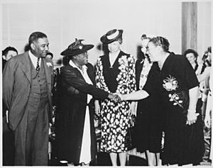 (Mary McLeod Bethune), "Mrs. Eleanor Roosevelt and others at the opening of Midway Hall, one of two residence halls buil - NARA - 533032