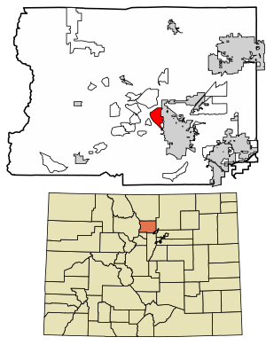 Location of the Pine Brook Hill CDP in Boulder County, Colorado.