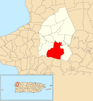 Location of Cerro Gordo within the municipality of Moca shown in red