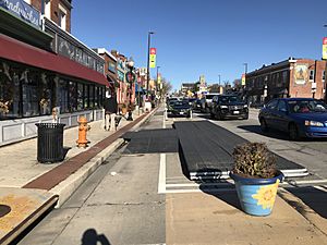 Floating bus stop and protected bike lane, Hamilton Avenue and Harford Road (northwest corner), Baltimore, MD 21214