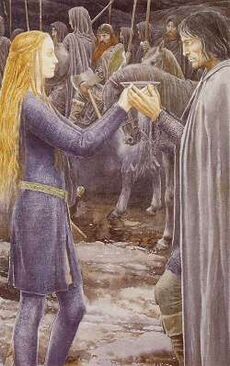 Lady Eowyn bids farewell to Aragorn, by Alan Lee