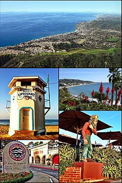 Images from top, left to right: Laguna Beach coastline, Lifeguard Tower, view from Heisler Park, Festival of Arts, and statue of Town Greeter Eiler Larsen