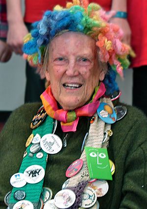 Mahy, with her characteristic rainbow wig,at the Kaiapoi Club, July 2011