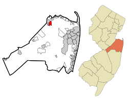 Map of Strathmore highlighted within Monmouth County. Right: Location of Monmouth County in New Jersey.
