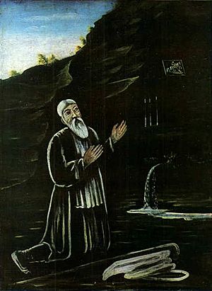 Niko Pirosmani. ''St. George the Anchorite''. Oil on oil-cloth, 118x89 cm. The State Museum of Fine Arts of Georgia, Tbilisi