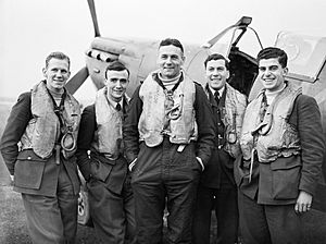 Squadron Leader D Finlay, CO of No. 41 Squadron RAF, standing with four of his pilots in front of a Supermarine Spitfire Mk II at Hornchurch, Essex, December 1940. CH1871