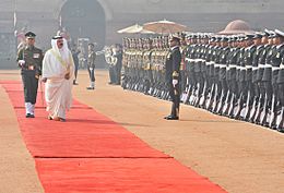 The King of Kingdom of Bahrain, His Majesty King Hamad bin Isa Al Khalifa inspecting the Guard of Honour, at the Ceremonial Reception, at Rashtrapati Bhavan, in New Delhi on February 19, 2014