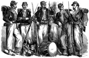A line drawing of five Chicago Zouaves