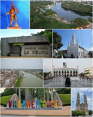 From top to bottom, from left to right: Monument to Taabscoob, the lagoon of illusions, the Parque Museo La Venta, the church of the Immaculate Conception, the Grijalva river as it passes through Villahermosa, the main square, monumental letters and the Cathedral of the Lord of Tabasco.