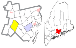Location of Montville (in yellow) in Waldo County and the state of Maine