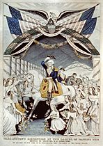 Washington's reception by the ladies, on passing the bridge at Trenton, N.J. April 1789, on his way to New York to be inaugurated first president of the United States LCCN93503440
