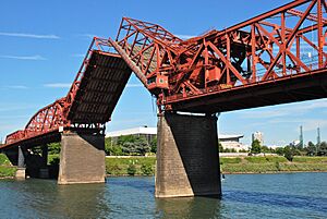 Broadway Bridge in Portland with bascule span open - viewed from west