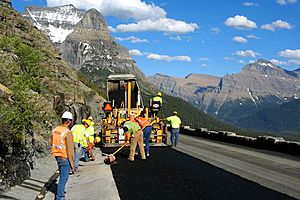 Going-to-the-Sun Road, construction crew paving around milepost 33