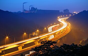 Light trail along Wugu–Yangmei Elevated Road
