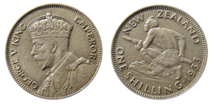 New Zealand shilling coin, 1933, featuring a profile of King George V