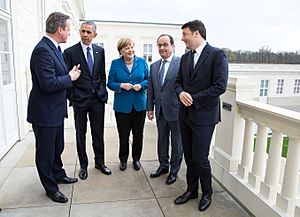 Obama, Cameron, Merkel, Hollande and Renzi at Herrenhausen Palace
