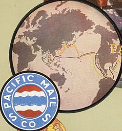 Pacific Mail Steamship Company shipping lines world map as of December 1921, from- Pacific Mail- Pacific Mail Steamship Company- under American flag (American flag) (rbm-coll3020-02-01) (cropped)