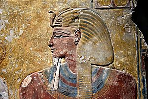 Pharaoh Seti I, detail of a wall painting from the Tomb of Seti I at the Valley of the Kings, Western Thebes, Egypt. Neues Museum