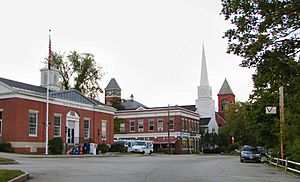 Town center (left to right): Plymouth Post Office, Rounds Hall of Plymouth State University (in background), Plymouth Congregational Church, Town Hall