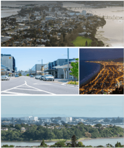 Clockwise from top: Aerial view of cityscape; View of Durham Street ; Mount Maunganui from Mauao; Cityscape seen from Welcome Bay