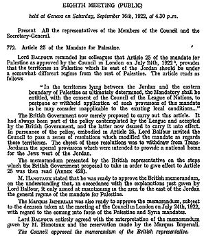 Transjordan memorandum approval at the Council of the League of Nations, 16 September 1922