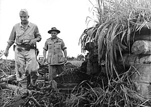 014092. Blamey and Eichelberger inspect bunker at Buna