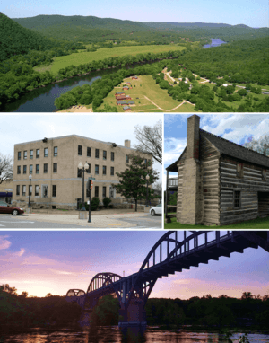 Clockwise from top: Buffalo River at Buffalo City, the 1825 Jacob Wolf House at Norfork, Cotter Bridge over the White River at sunset, Baxter County courthouse in Mountain Home