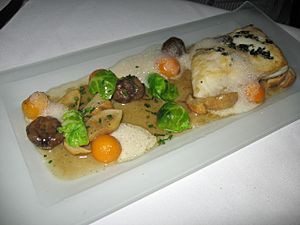 Beurre noisette sauced halibut with vegetables