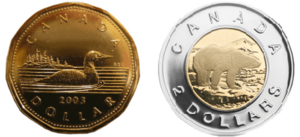 Canadian 1 and 2 dollar coins
