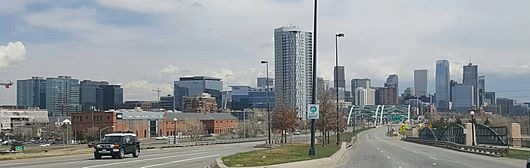 Denver skyline from Speer Blvd near I-25, April 2019