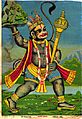Hanuman fetches the herb-bearing mountain, in a print from the Ravi Varma Press, 1910's