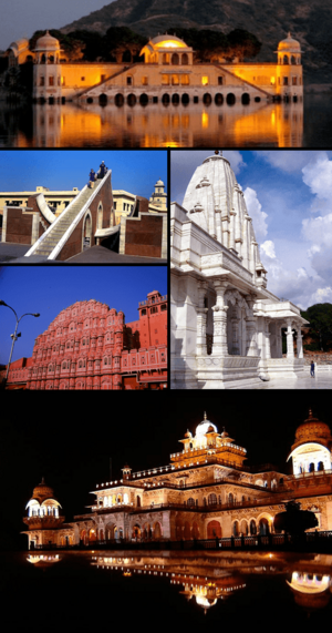 Clockwise from top: Jal Mahal, Lakshmi-Narayan Temple, Albert Hall, Hawa Mahal, Jantar Mantar